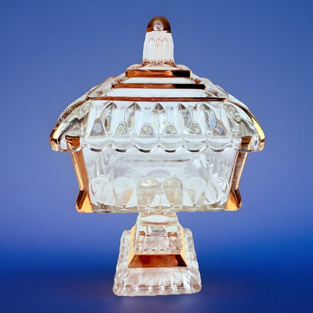 Vintage Wedding Cake Box lidded Compote 8" Jeanette Glass Clear Gold Trim 1940s
